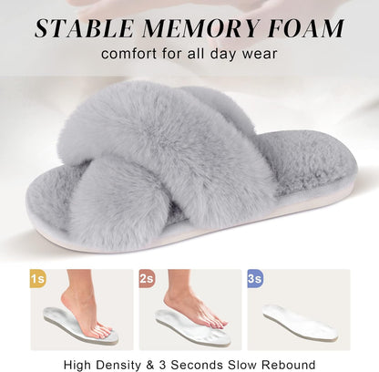 Women'S Cross Band Slippers Fuzzy Soft House Slippers Plush Furry Warm Cozy Open Toe Fluffy Home Shoes Comfy Indoor Outdoor Slip on Breathable